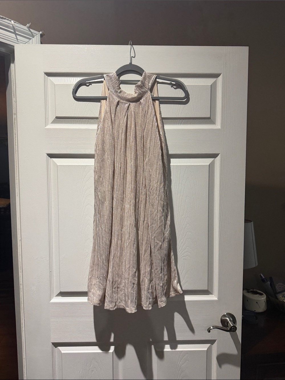 Halter Neck Pleated Mini Dress in Light Champagne